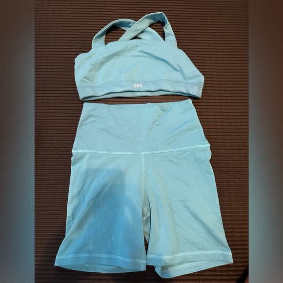 SET ACTIVE Tops - SET Active Light Blue Cross-Back Sports Bra & High-Waist Bike Shorts